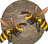 大きな蜂の巣の周りに2匹の蜂が止まっているイラストです